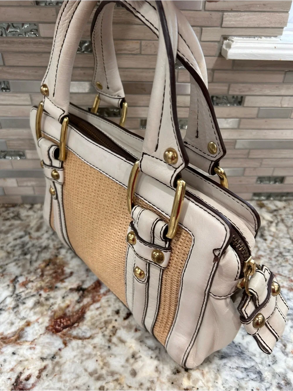 Banana republic, leather& Woven raffia - Ivory and Tan bag